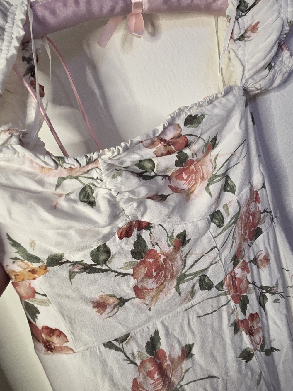 Ulu White Floral Dress with Pink and Green Rose Print